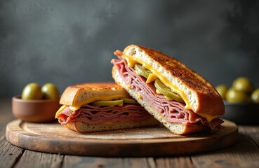 Cuban sandwich with ham pork and cheese is halved on a wooden board. Layers of meat cheese and pickles fill the toasted bread. Olives are visible nearby. Tasty street food for lunch.
