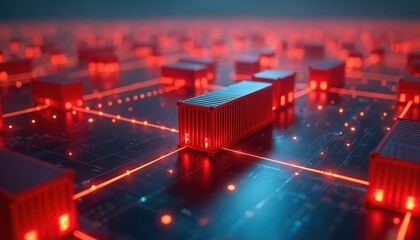Global logistics network with interconnected shipping containers, representing digital supply chain, data flow. Red glowing lines connect units across dark digital landscape, signifying advanced