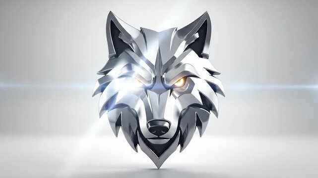 Animated metallic wolf head logo reveal sequence with glowing eyes effect animation