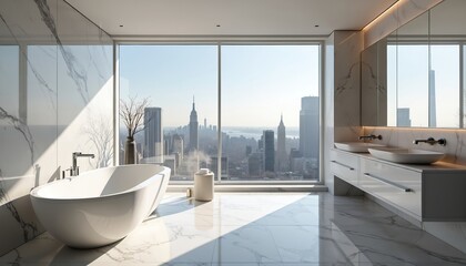 Luxury bathroom in New York high rise with city skyline view. Modern white bathtub, double sinks offer serene relaxation. Marble floors gleam, reflecting sunlight. Floor to ceiling windows provide