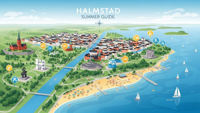 Aerial view of halmstad city, summer guide map with landmarks, beach, and sailboats in the ocean