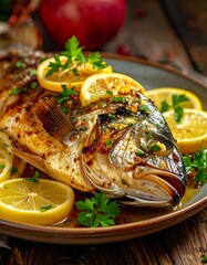 Roasted fish garnished with lemon slices and parsley, served on an earthenware plate with dark wood background