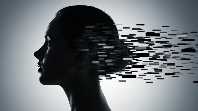 Shattered Mind Silhouette of woman with disintegrating pixels on white.