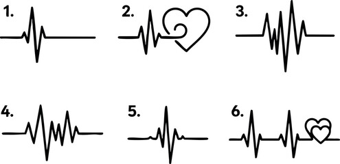 Heartbeat pulse line vector set with heart icons for medical and love themes 