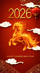 chinese new year 2026 artwork showing  fiery horse with lanterns and clouds, symbolizing energy, luck, and renewal.