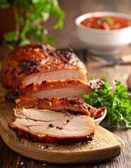 Roasted pork loin sliced on a wooden board, garnished with parsley and peppercorns, with a sauce bowl in background