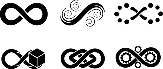 Infinity symbols set with abstract and mechanical design elements vector illustration 
