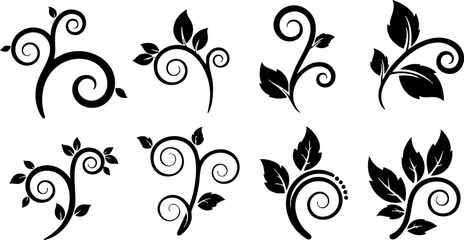 Decorative black floral swirl design elements vector set with leaves and curls 