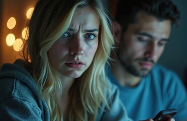 Woman looks worried while man texts on phone. Couple faces relationship trouble and sadness. They feel tension, stress, and unhappiness. Home argument looms.