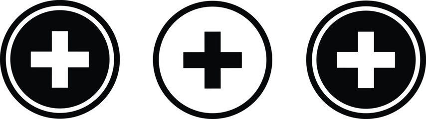 Obraz premium Set of three minimalist circular plus sign icons featuring white medical cross on black background and black addition symbol on white