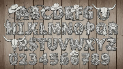 Western Alphabet and Numbers with Cowboy Hats and Bull Skulls.
