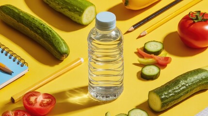 A clear plastic water bottle sits center on a vibrant yellow surface amidst sliced cucumbers, tomatoes, bell peppers, pencils, and a spiral notebook, bathed in sunlight casting shadows