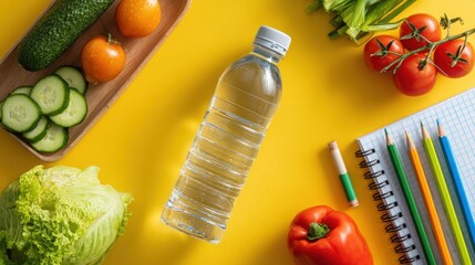 Flatlay of fresh vegetables, a water bottle, stationery, and a notebook on a vibrant yellow background.  The scene suggests a healthy lifestyle or back-to-school theme