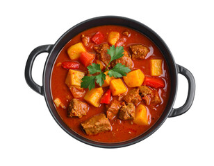 Delicious goulash in pot isolated on transparent png