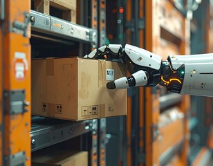Robot arm retrieving a cardboard box from a shelf in an automated, industrial storage facility