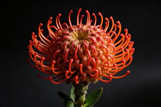 Close-up of orange pincushion protea flower with spherical structure curled tube florets red-to-orange gradient fuzzy central base hyperrealistic style dramatic directional lighting sharp floret detai