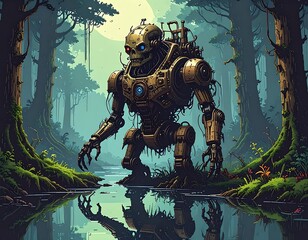 Robot skull monster, jungle. Water reflection. Glowing eye. Steam punk aesthetic