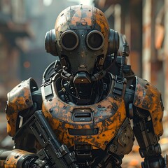 Robot soldier stands guard amid urban ruins. Weathered armor, detailed mechanical design, blurred gritty background