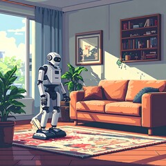 Robot stands on an intricate rug in a brightly lit living room with sofa, bookcase and lush green plants