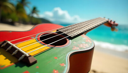 Close up 4 strings of Guitar or Ukulele on Beach. Paints with Rasta flag in red, yellow, green. Turquoise sea and blue sky in a tropical beach.