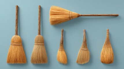 Several diverse straw brooms aligned on a blue background, varying in shape, size, and straw texture