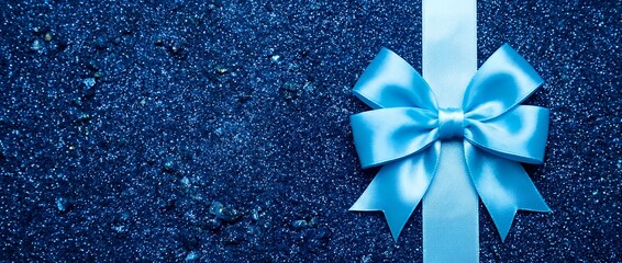 A bright cyan satin gift bow tied vertically on a richly textured deep royal blue surface covered with fine shimmering glitter sparkles creating a festive impression ribbon present