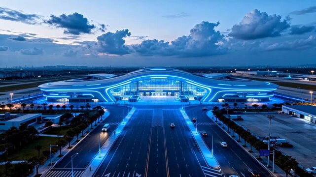 Modern airport terminal at dusk