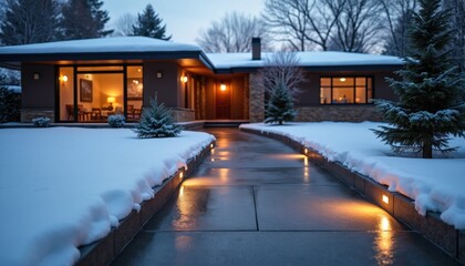 Modern suburban home with illuminated walkway in snow. Heated driveway and embedded LED lights ensure safe passage at night. Cozy interior visible through large windows.