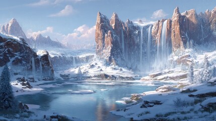 Frozen waterfall amidst snowy, rocky cliffs overlooking icy lake