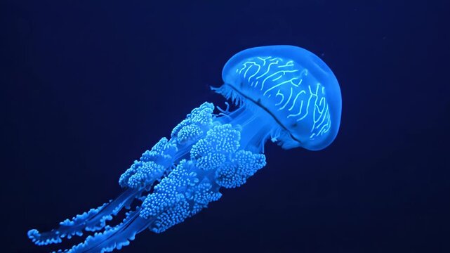 Glowing blue jellyfish swimming in dark water with intricate bioluminescent patterns