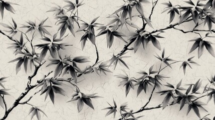 Branches with sharp, pointed leaves against a textured, off-white background with subtle marbling