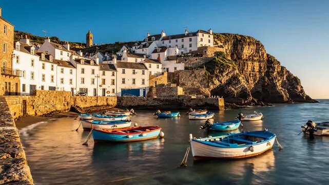 Sque Village of Portmagee, Ireland With Boats in Harbor at Sunset