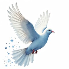 Obraz premium White dove bird spreads wings in flight. Gentle animal flies with subtle blue watercolor splash effect. Symbol of peace hope purity and grace.