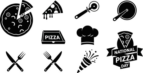 Fototapeta premium Flat black vector icons of pizza delivery dining and celebration elements.eps