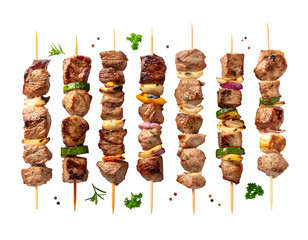 Grilled meat skewers variety isolated on transparent png