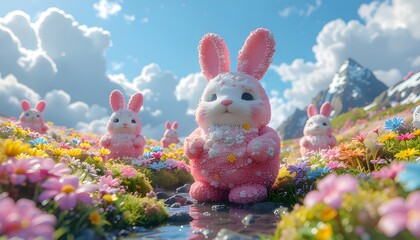 Surreal Pink Bunny Characters with Popcorn Texture in Sunny Spring Flower Field