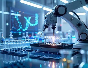 Robotic arm precisely manipulates vials in a bright laboratory setting, screen displays a swirling helix shape