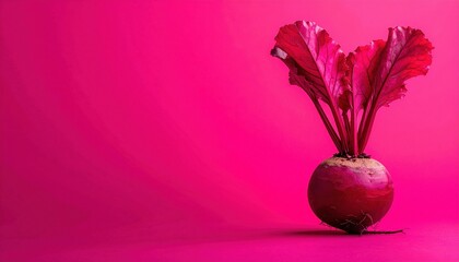 A vibrant beetroot with leaves against a magenta gradient