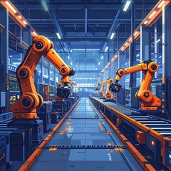 Robotic arms stretch along a factory conveyor belt under bright lights in a clean, modern industrial setting