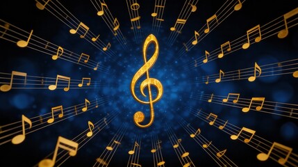 Central glowing metallic golden treble clef with radiating curved staffs floating golden notes surreal digital art neon blue bokeh background radial dynamic composition magical lighting
