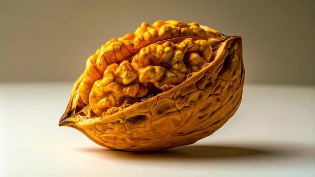 Close up of a walnut with the kernel exposed on a white background