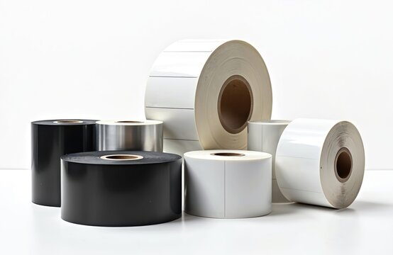 Group of thermal transfer printer ribbons and blank labels on rolls. Includes black ribbons and white and silver labels ready for printing barcodes and product info. Supplies for label printers.