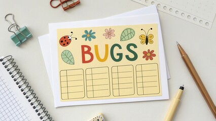Flat lay image of a bug tracking card with colorful design