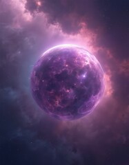 Obraz premium Purple planet floats in deep space with star clouds and nebulae. Cosmic scene shows glowing orb and vast universe. Celestial body drifts in dark sky.