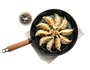 japanese gyoza in pan with sauce isolated on transparent png