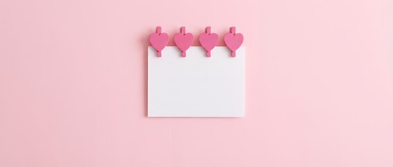 A blank white note card is held by four vibrant pink heart shaped clips against a solid pastel pink surface with ample copy space love valentine message paper memo reminder clean simple