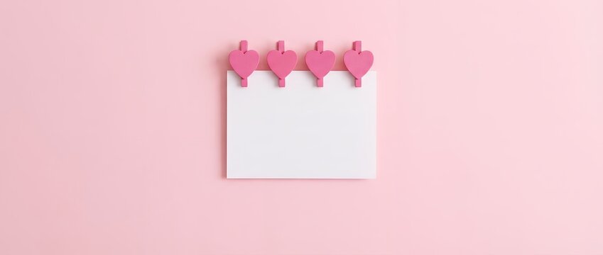 A blank white note card is held by four vibrant pink heart shaped clips against a solid pastel pink surface with ample copy space love valentine message paper memo reminder clean simple