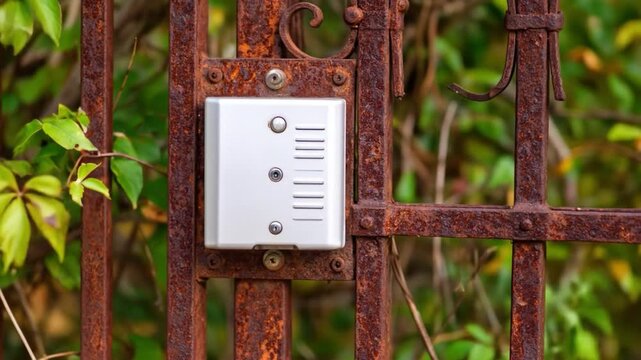 Close up of a weathered intercom system on a rusty metal gate