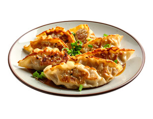 gyoza on plate with sauce isolated on transparent png