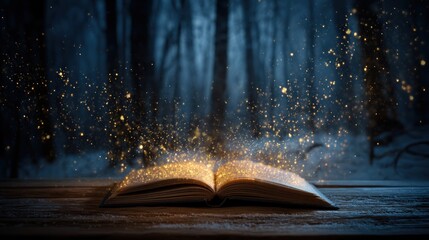An open, antique book rests on weathered wood, bathed in warm light. Golden particles sparkle from its pages against a blurred forest background